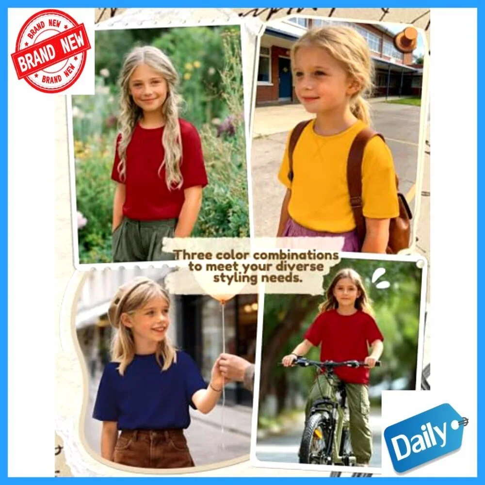 3 Pack Girls' Short Sleeve Tees Summer Casual Crew Neck Tops 5-14 Years